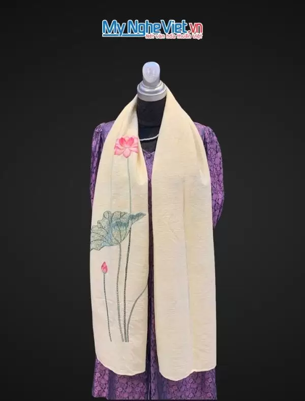 Khăn lụa đũi họa tiết hoa sen thêu tay màu kem 100% silk cao cấp