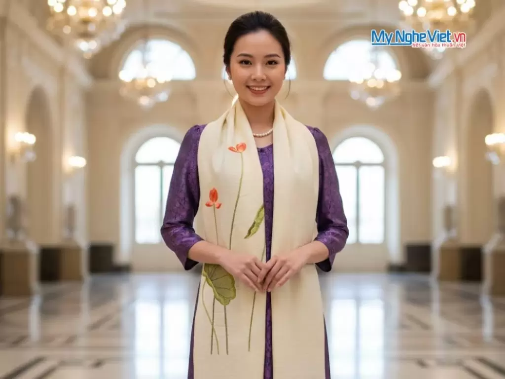 Khăn lụa đũi họa tiết hoa sen thêu tay màu kem 100% silk cao cấp