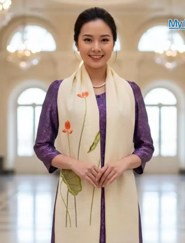 Khăn lụa đũi họa tiết hoa sen thêu tay màu kem 100% silk cao cấp
