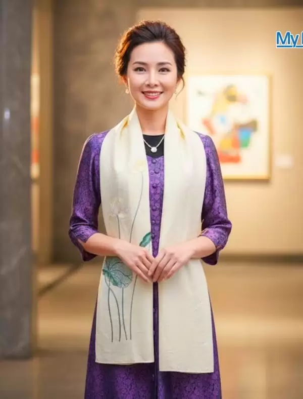 Khăn lụa đũi họa tiết hoa sen thêu tay màu kem 100% silk cao cấp