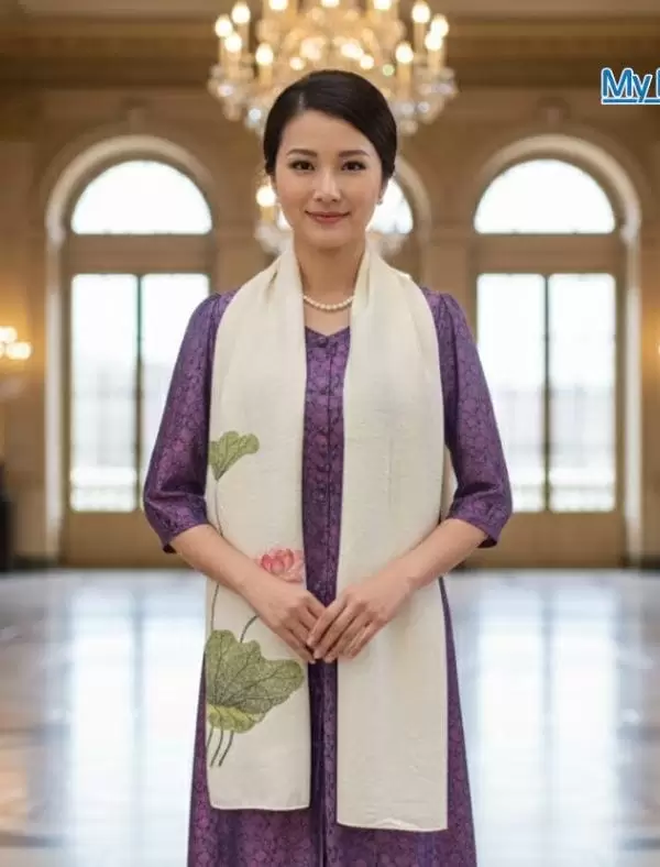 Khăn lụa đũi họa tiết hoa sen thêu tay màu trắng 100% silk cao cấp