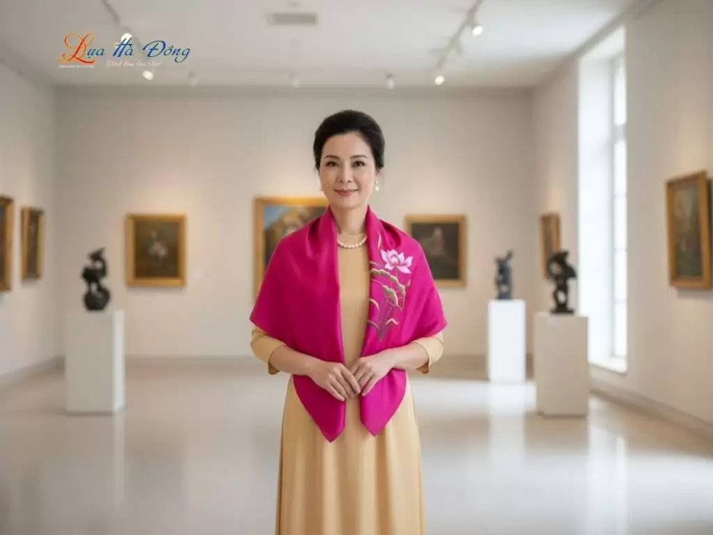 Khăn lụa vuông thêu sen trơn màu hồng tím