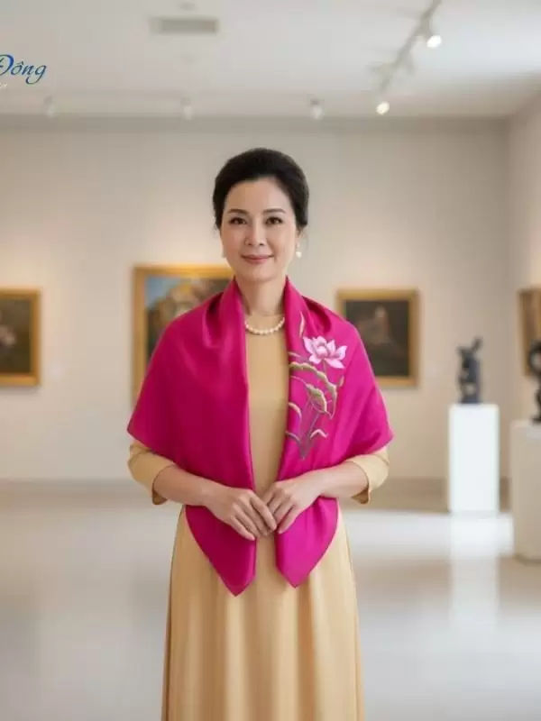 Khăn lụa vuông thêu sen trơn màu hồng tím