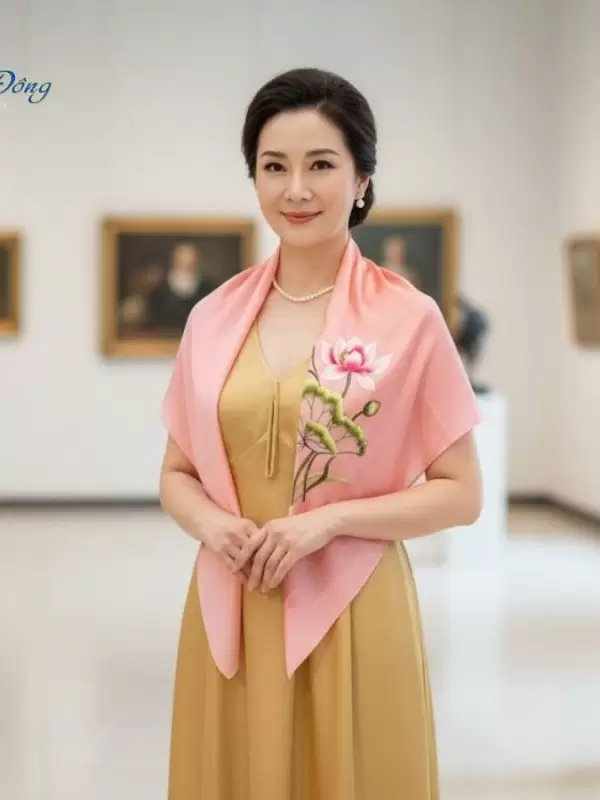 Khăn lụa vuông thêu sen trơn màu hồng phấn