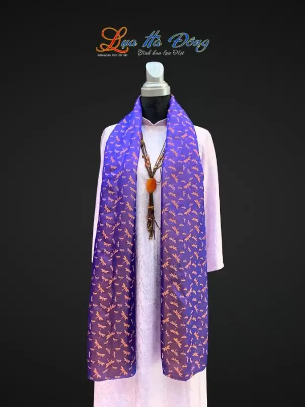 Khăn lụa tơ tằm dài họa tiết chuồn chuồn tím cam