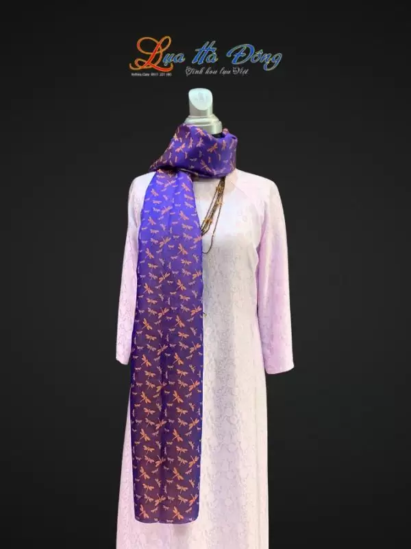 Khăn lụa tơ tằm dài họa tiết chuồn chuồn tím cam