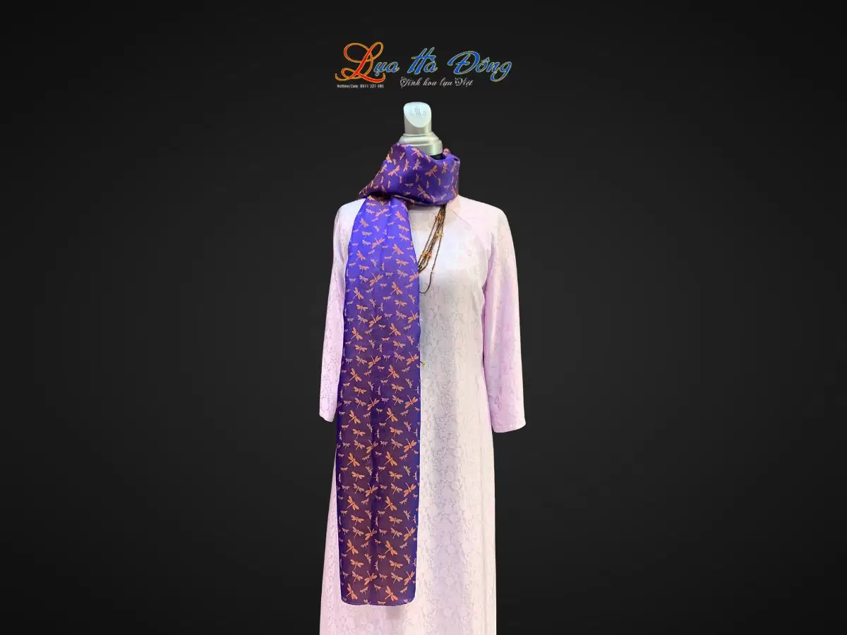 Khăn lụa tơ tằm dài họa tiết chuồn chuồn tím cam