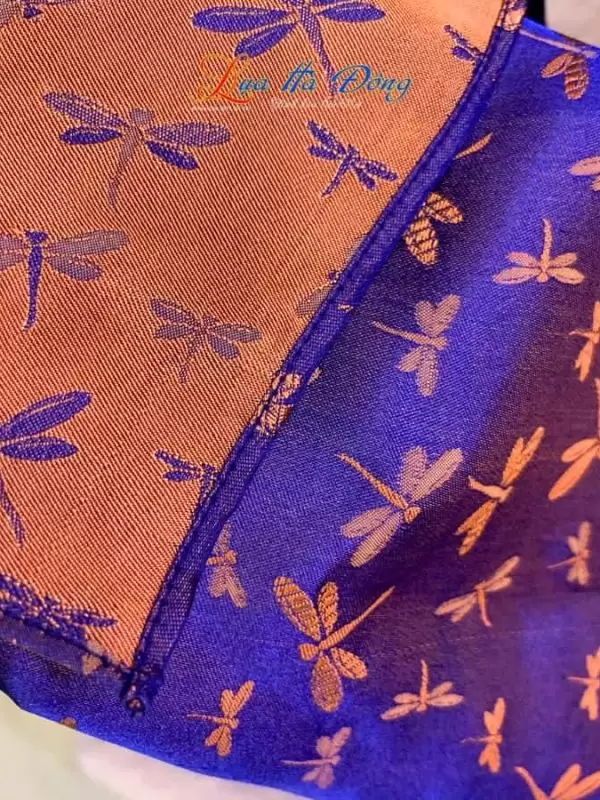 Khăn lụa tơ tằm dài họa tiết chuồn chuồn tím cam