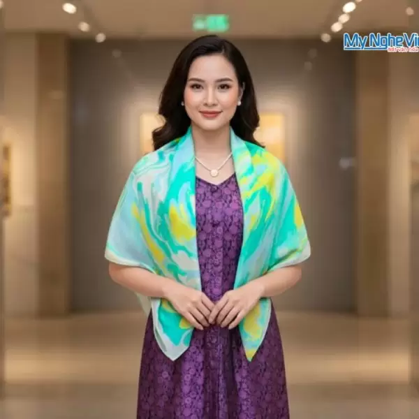 Khăn Lụa Vuông Thủy Ấn Tơ Tằm Màu Xanh Lá