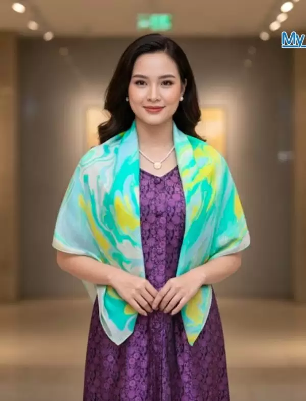 Khăn Lụa Vuông Thủy Ấn Tơ Tằm Màu Xanh Lá