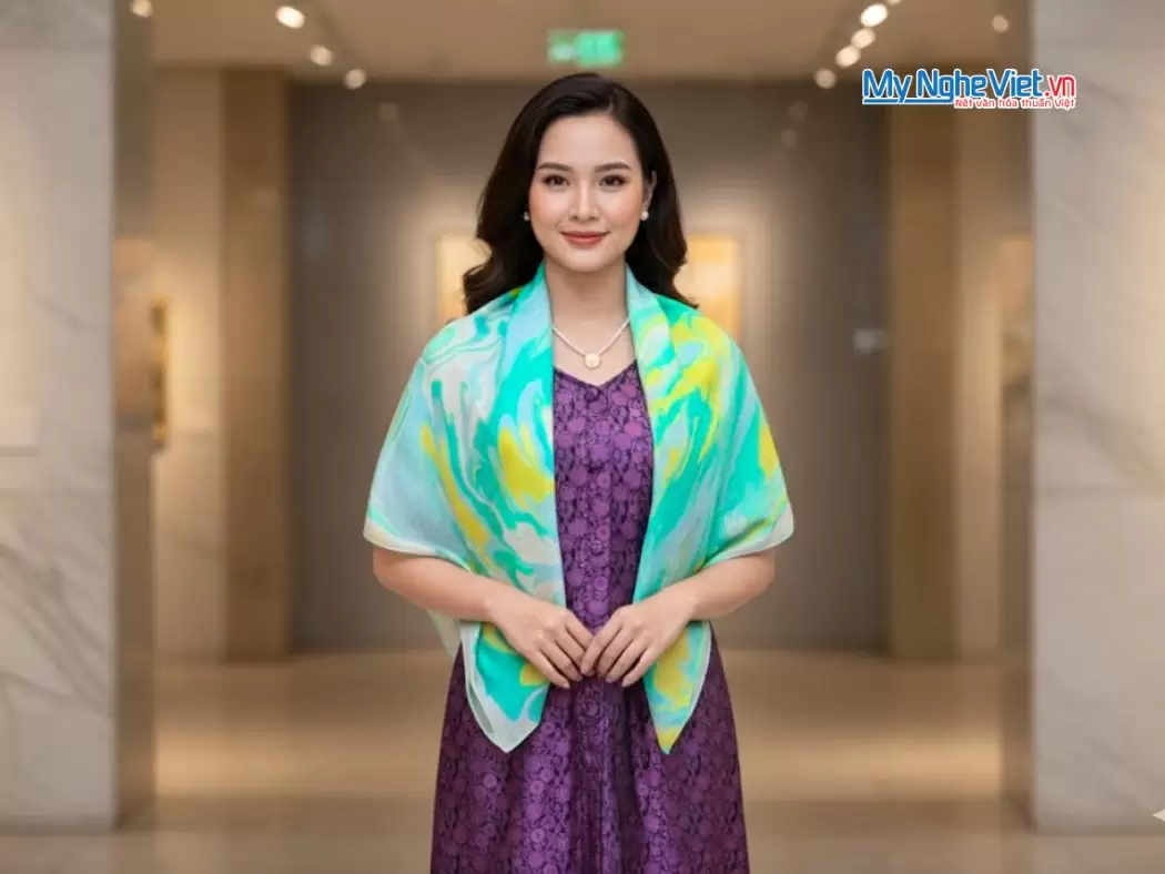 Khăn Lụa Vuông Thủy Ấn Tơ Tằm Màu Xanh Lá