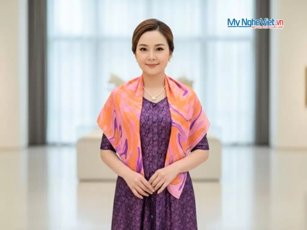 Khăn Lụa Vuông Thủy Ấn Tơ Tằm Màu Hồng Cam