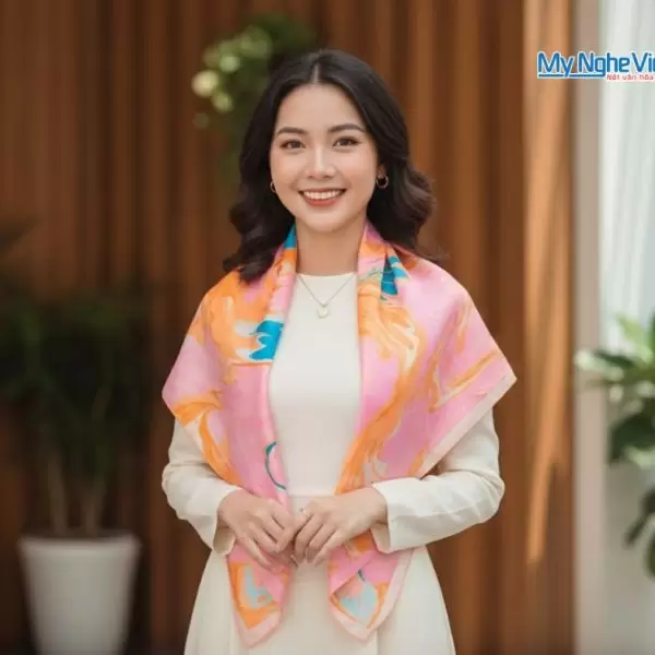 Khăn Lụa Vuông Thủy Ấn Tơ Tằm Màu Hồng Xanh