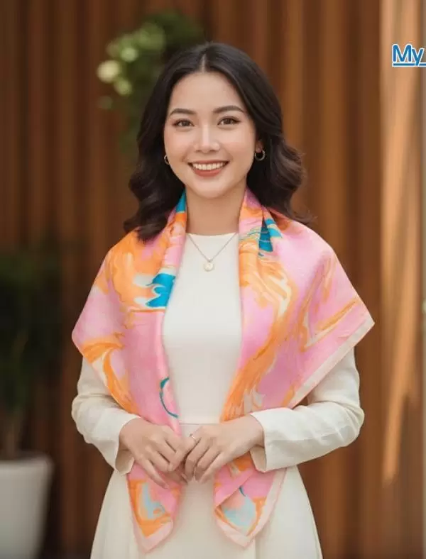 Khăn Lụa Vuông Thủy Ấn Tơ Tằm Màu Hồng Xanh