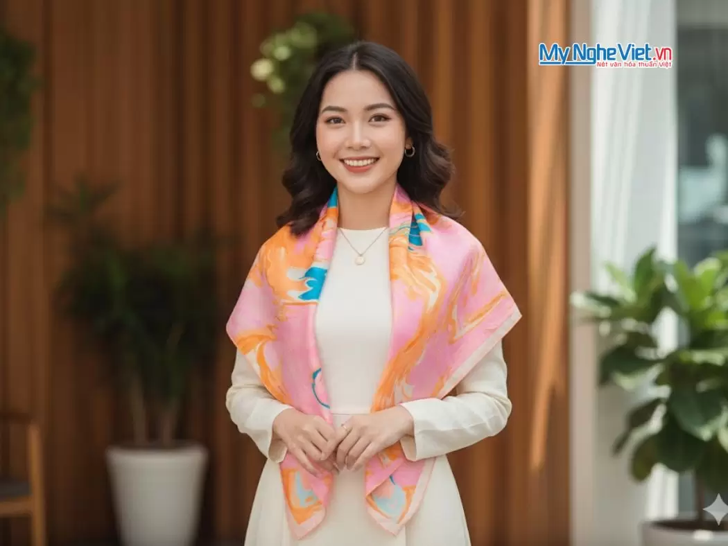 Khăn Lụa Vuông Thủy Ấn Tơ Tằm Màu Hồng Xanh
