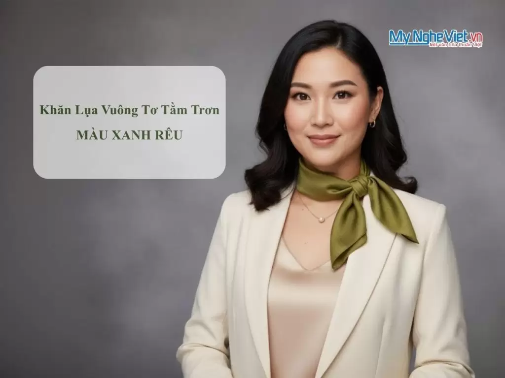 Khăn lụa vuông tơ tằm trơn màu xanh rêu