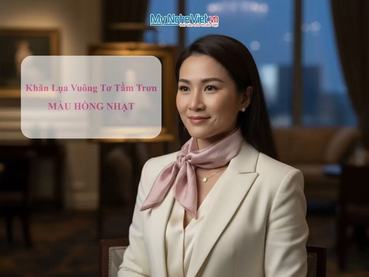 Khăn lụa vuông tơ tằm trơn màu hồng nhạt