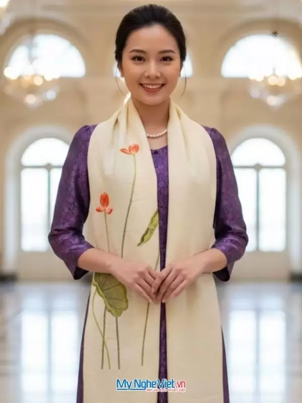 Khăn lụa đũi thêu tay hoa sen cao cấp