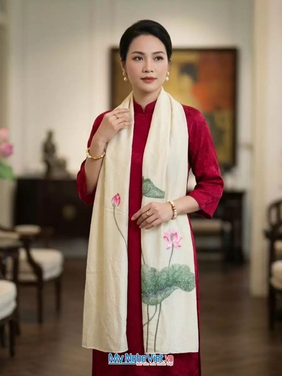 Khăn lụa đũi tơ tằm thêu tay hoa sen 100% silk cao cấp