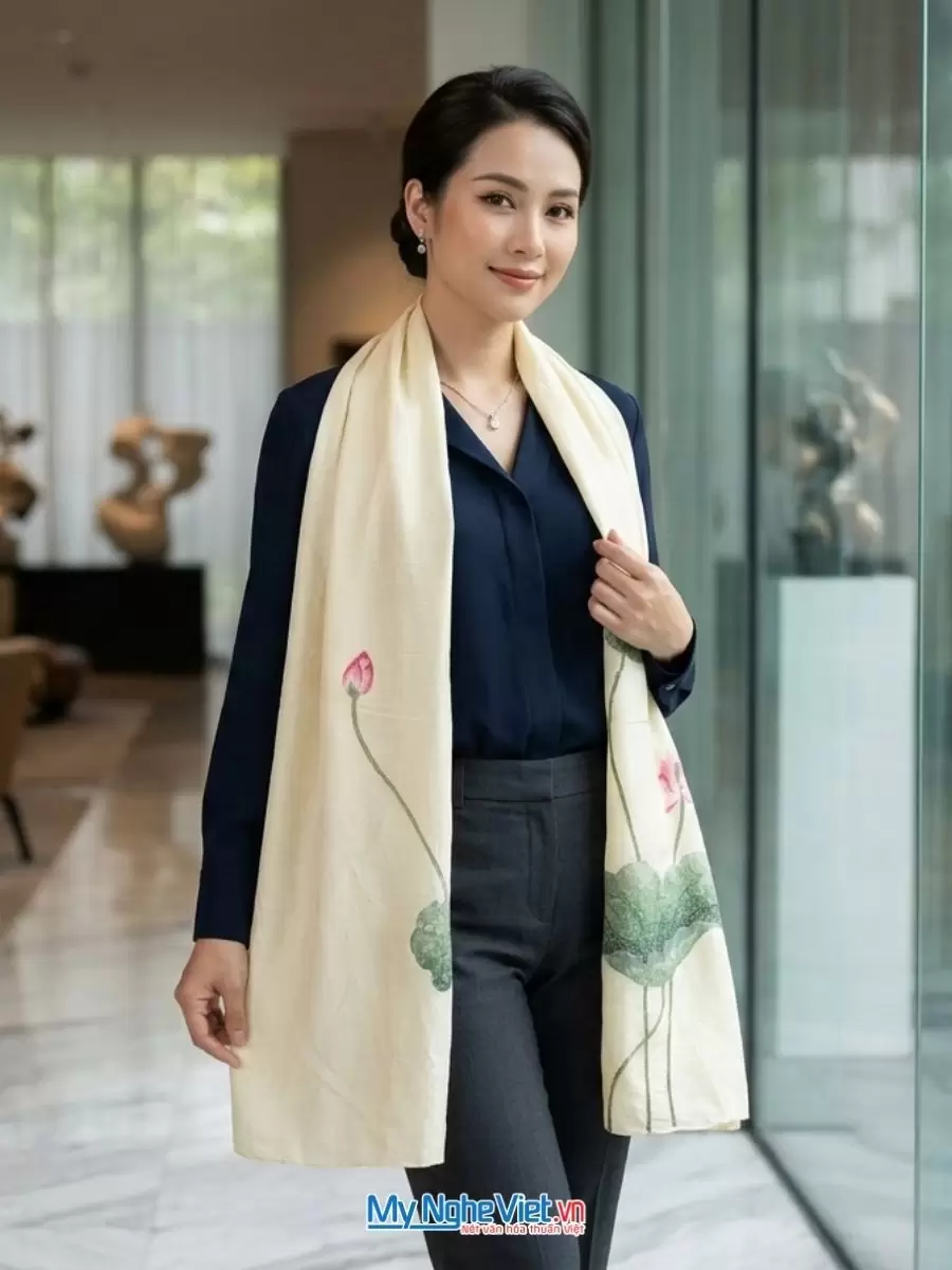 Khăn lụa đũi tơ tằm thêu tay hoa sen 100% silk cao cấp