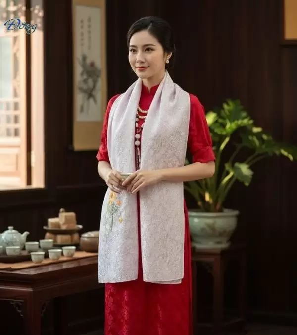 Khăn lụa tơ tằm dài họa tiết hồng nhí tím hoa cà