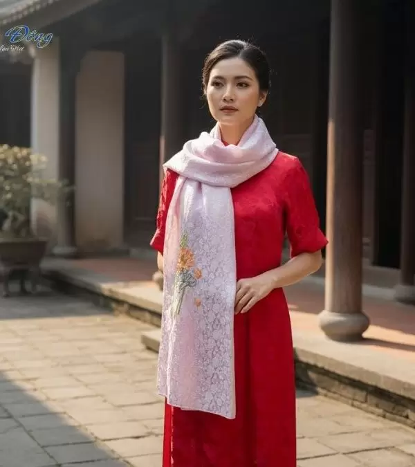 Khăn lụa tơ tằm dài họa tiết hồng nhí tím hoa cà