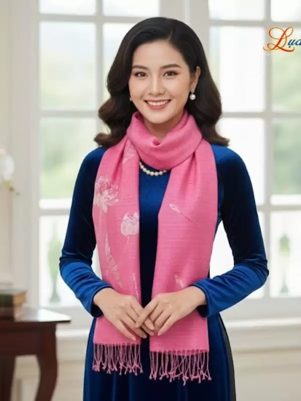 Khăn lụa Đũi hồng vẽ sen 100% silk 80x180 tua rua KLTA80180/1