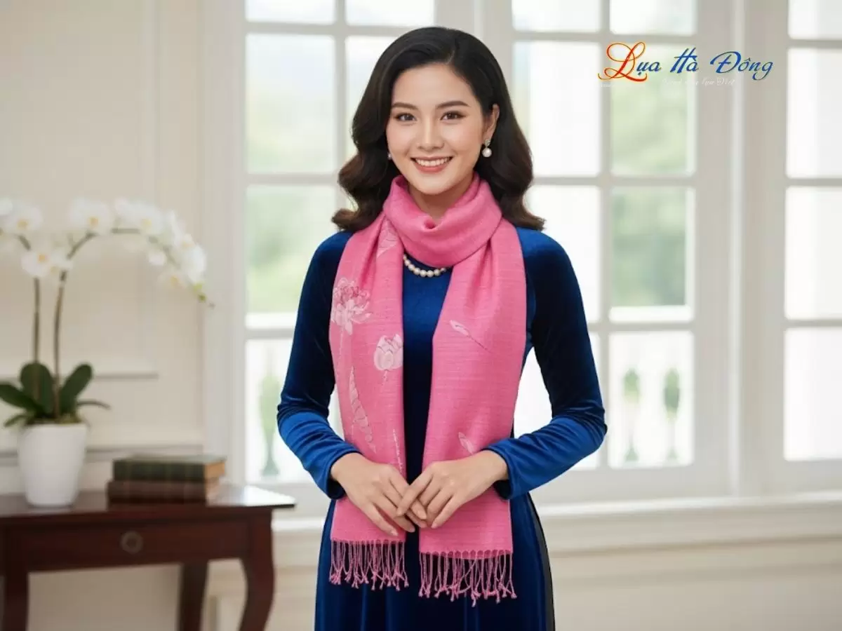 Khăn lụa Đũi hồng vẽ sen 100% silk 80x180 tua rua KLTA80180/1