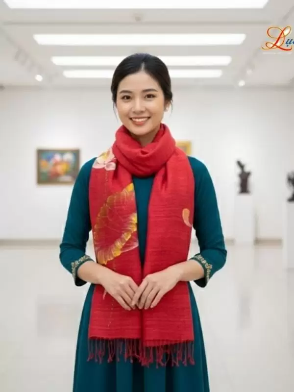 Khăn lụa Đũi đỏ mận vẽ sen 100% silk 80x180 tua rua KLTA80180/8