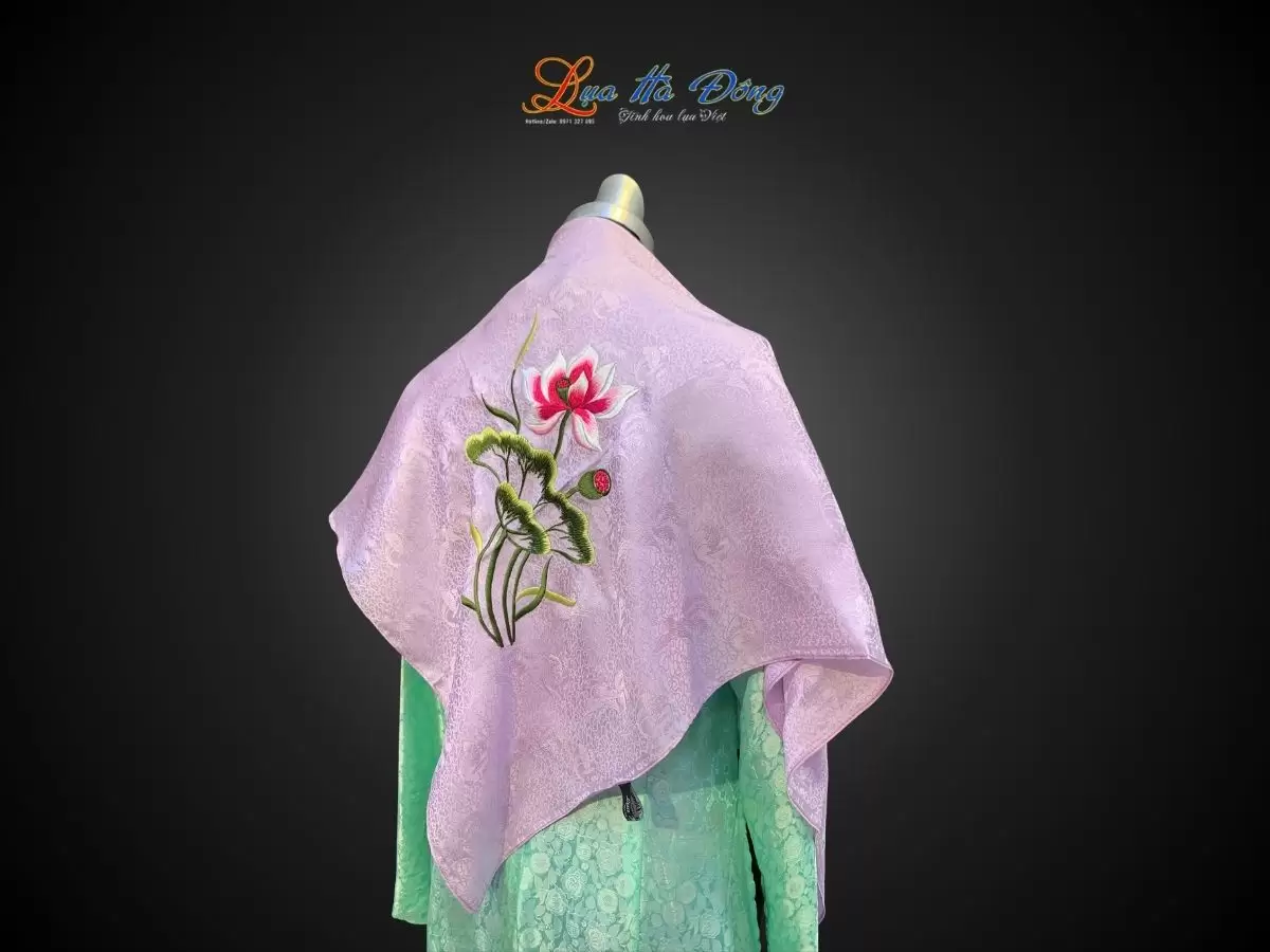 Khăn lụa thêu hoa sen hồng họa tiết sen phụng màu tím hoa cà kích thước 90x90cm KLTA9090/18.2 - Ảnh 4
