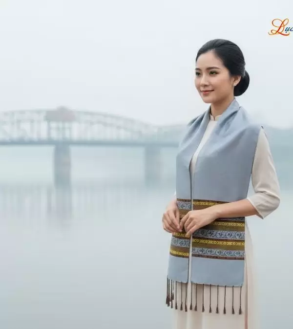 Khăn lụa tơ tằm họa tiết thổ cẩm nền xám