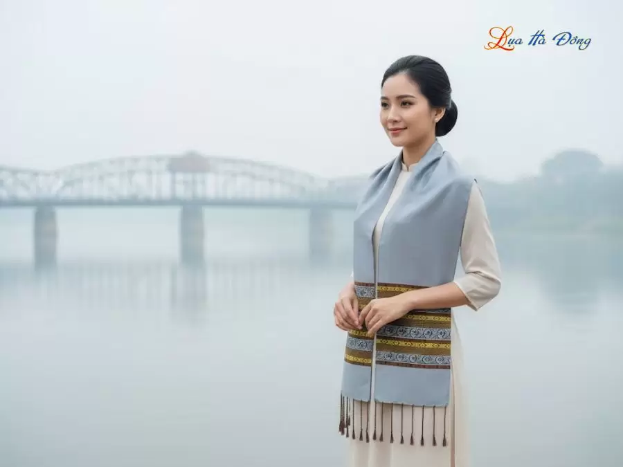 Khăn lụa tơ tằm họa tiết thổ cẩm nền xám