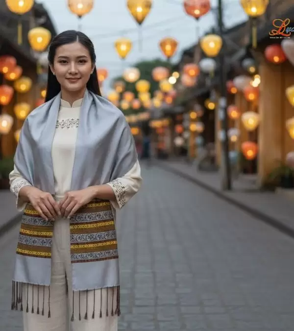 Khăn lụa tơ tằm họa tiết thổ cẩm nền xám