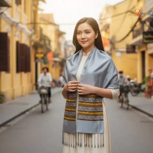 Khăn lụa tơ tằm họa tiết thổ cẩm nền xám
