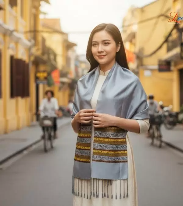 Khăn lụa tơ tằm họa tiết thổ cẩm nền xám