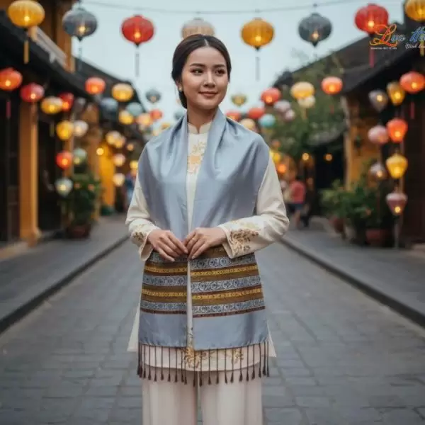 Khăn lụa tơ tằm họa tiết thổ cẩm nền xám