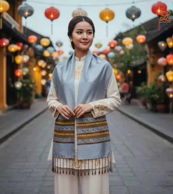 Khăn lụa tơ tằm họa tiết thổ cẩm nền xám