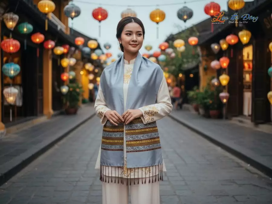 Khăn lụa tơ tằm họa tiết thổ cẩm nền xám