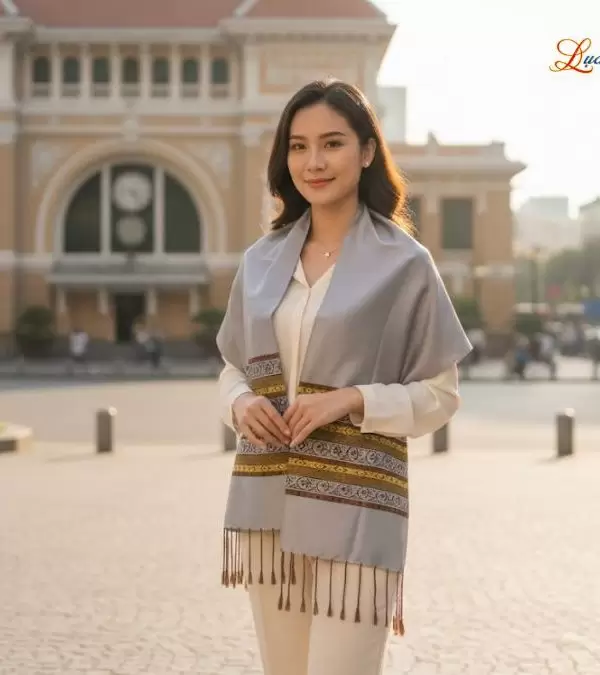 Khăn lụa tơ tằm họa tiết thổ cẩm nền xám