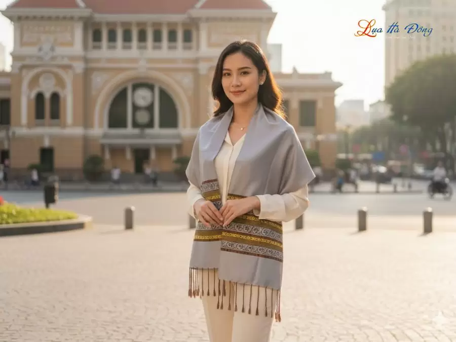 Khăn lụa tơ tằm họa tiết thổ cẩm nền xám