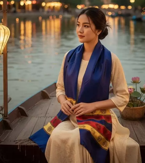 Khăn Lụa tơ tằm họa tiết trống đồng Văn Miếu Quốc Tử Giám