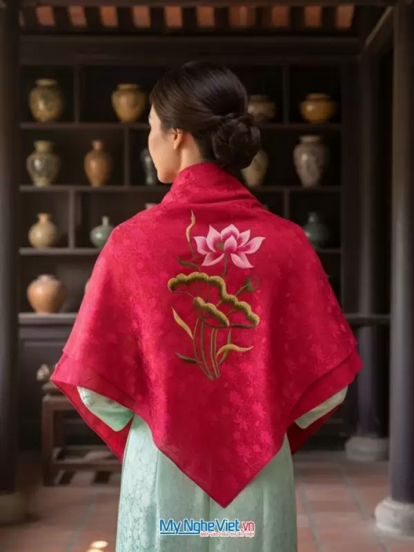 Khăn lụa tơ tằm thêu sen họa tiết sen dây
