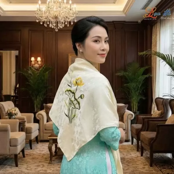 Khăn Lụa Vuông Tơ Tằm Thêu Hoa Sen Họa Tiết Sen Dây Màu Kem
