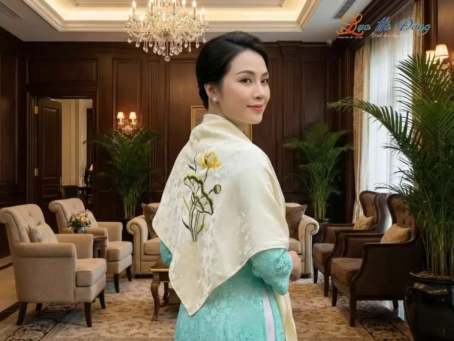 Khăn Lụa Vuông Tơ Tằm Thêu Hoa Sen Họa Tiết Sen Dây Màu Kem
