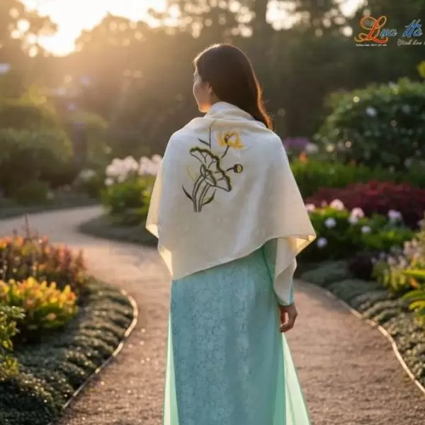 Khăn Lụa Vuông Tơ Tằm Thêu Hoa Sen Họa Tiết Sen Dây Màu Kem