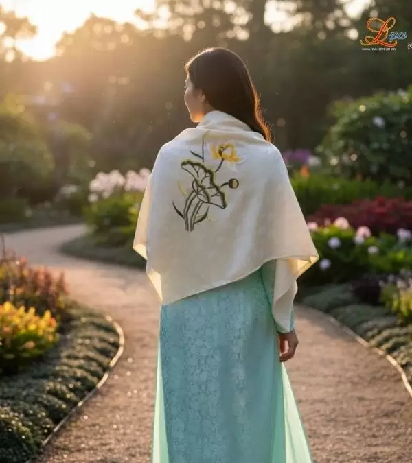 Khăn Lụa Vuông Tơ Tằm Thêu Hoa Sen Họa Tiết Sen Dây Màu Kem