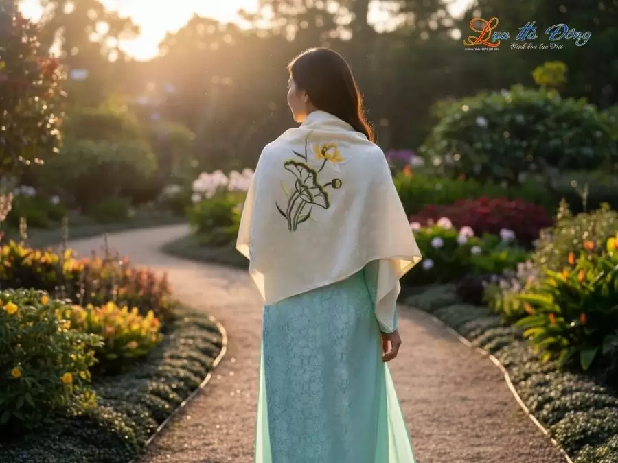 Khăn Lụa Vuông Tơ Tằm Thêu Hoa Sen Họa Tiết Sen Dây Màu Kem