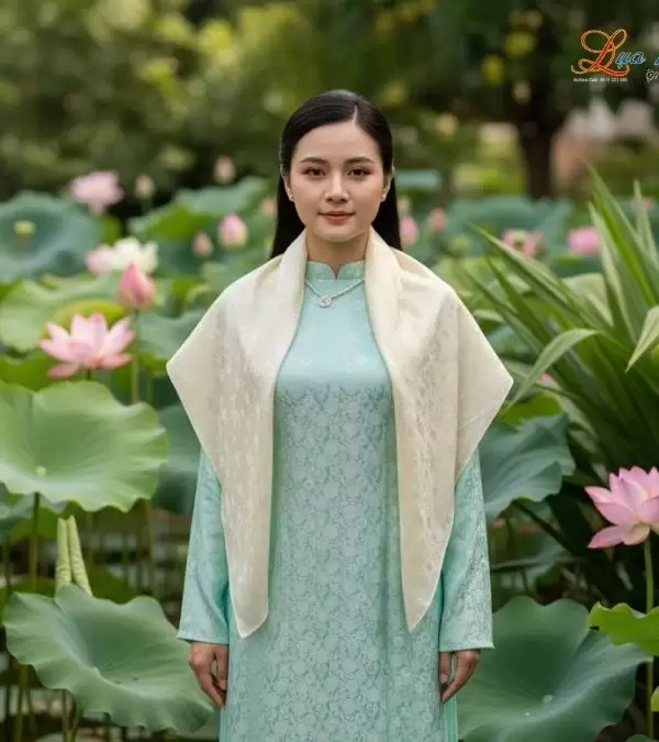 Khăn Lụa Vuông Tơ Tằm Thêu Hoa Sen Họa Tiết Sen Dây Màu Kem