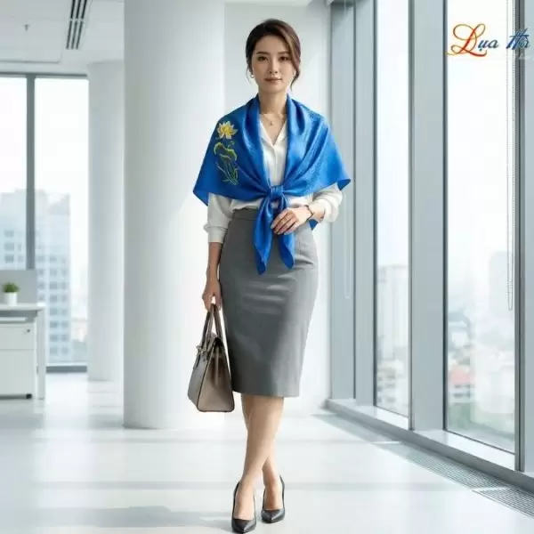 Khăn Lụa Vuông Tơ Tằm Thêu Hoa Sen Họa Tiết Sóng Mây Xanh Dương