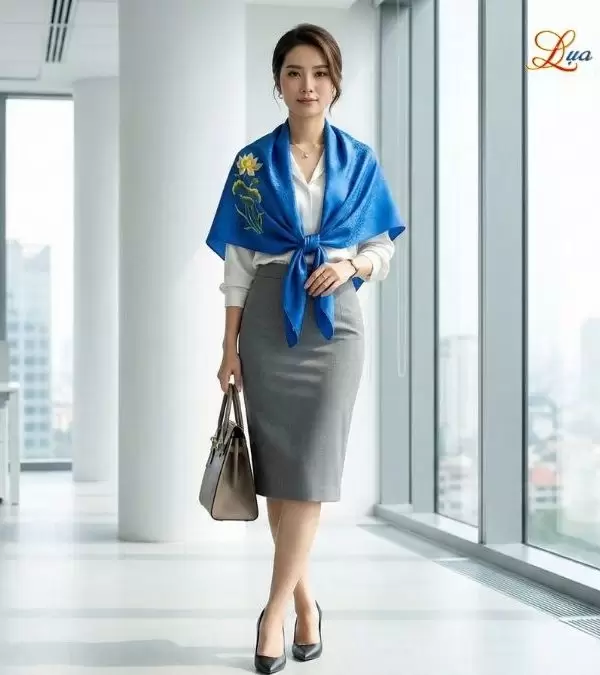 Khăn Lụa Vuông Tơ Tằm Thêu Hoa Sen Họa Tiết Sóng Mây Xanh Dương